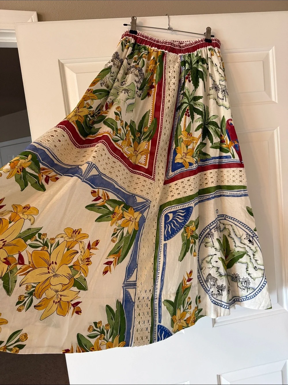 FARM Rio Cream Maxi Skirt with Yellow, Green, Blue & Red Tropical Panels - Picture 4 of 7